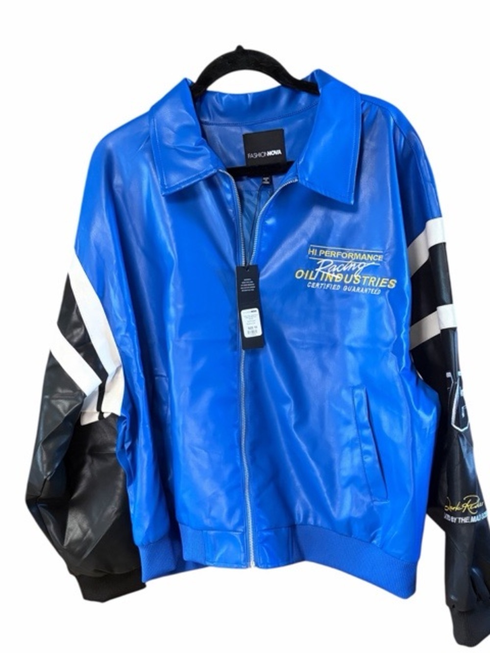Fashion Nova Take The Lead Faux Leather Racing Bomber Jacket NWT - Picture 2 of 8